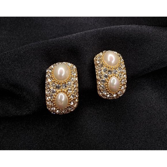 Rare Find Vintage CHRISTIAN DIOR 1990s Clip-On Earrings W/ Faux Pearls & Rhinest - Picture 1 of 6